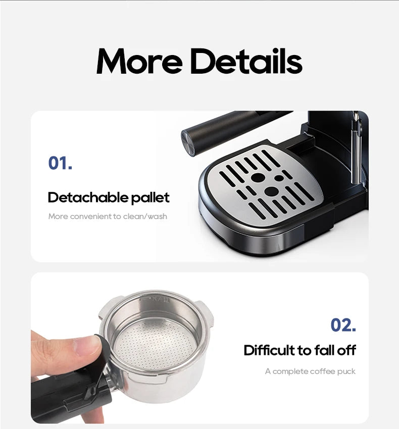 Black espresso machine features: detachable metal drip tray for easy cleaning and secure stainless steel portafilter.