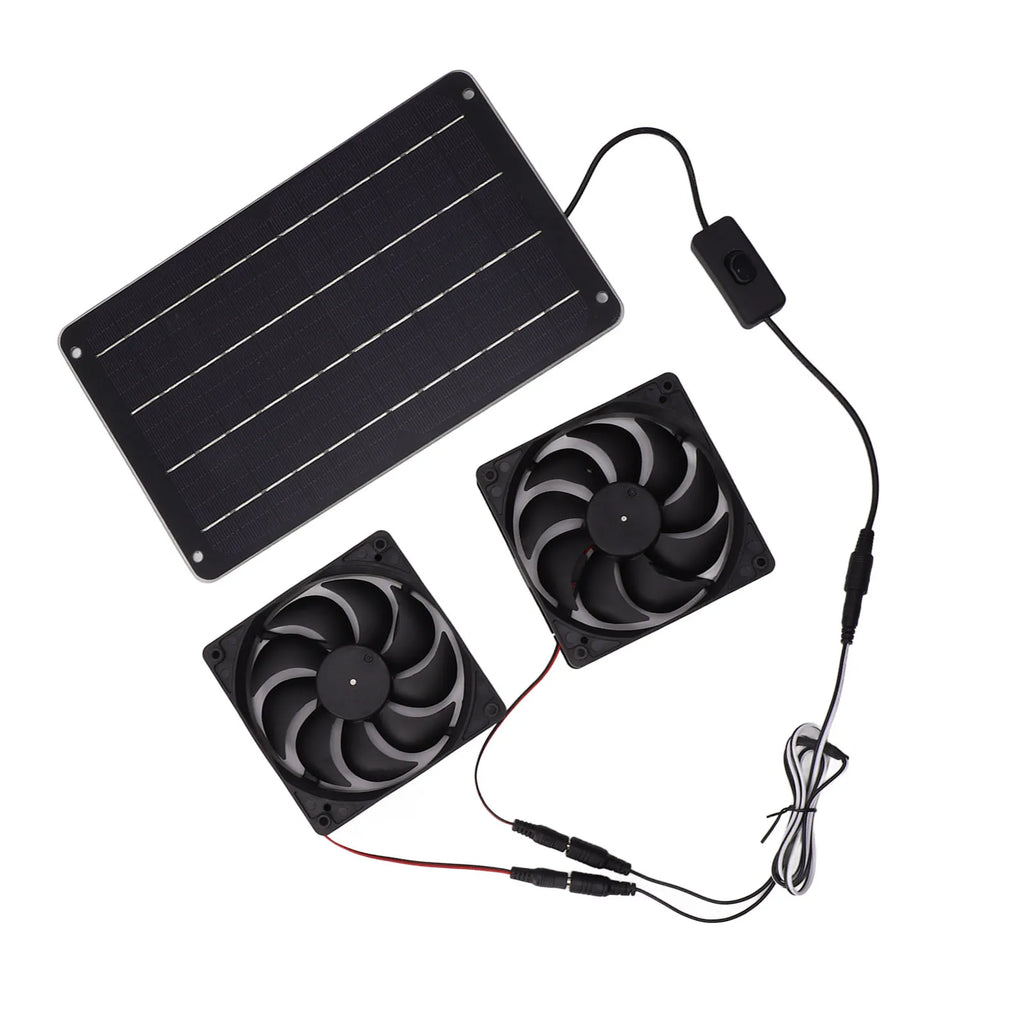 20W solar-powered dual fan kit for pet houses, RVs, and greenhouses. Efficient black 12V ventilation for pet cooling.