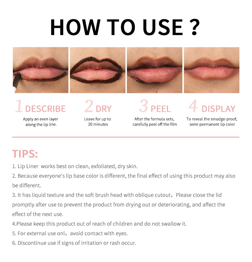 How-to guide for waterproof, long-lasting matte peel-off lip liner for semi-permanent, smudge-proof lip enhancement.