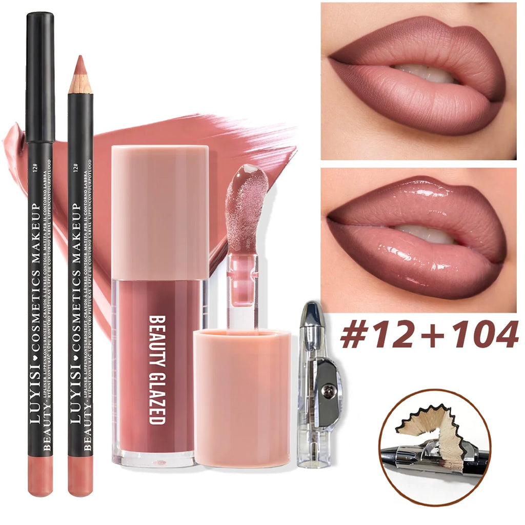 3-piece nude lip makeup set with blendable lip liner, glossy moisturizing lipstick, and pencil sharpener.