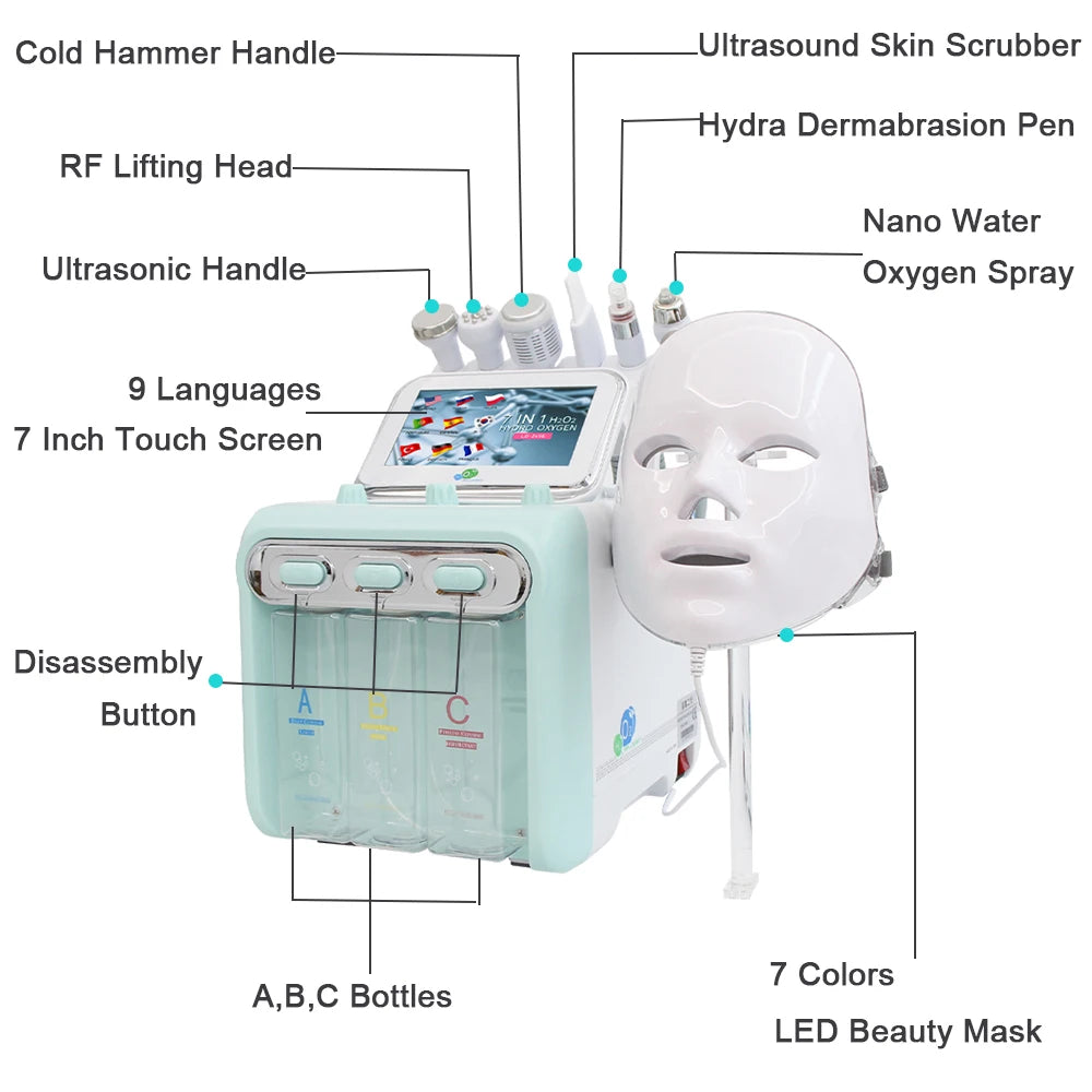 7-in-1 Hydra Water Dermabrasion facial machine with LED mask, touchscreen, and beauty tools for professional skin care.