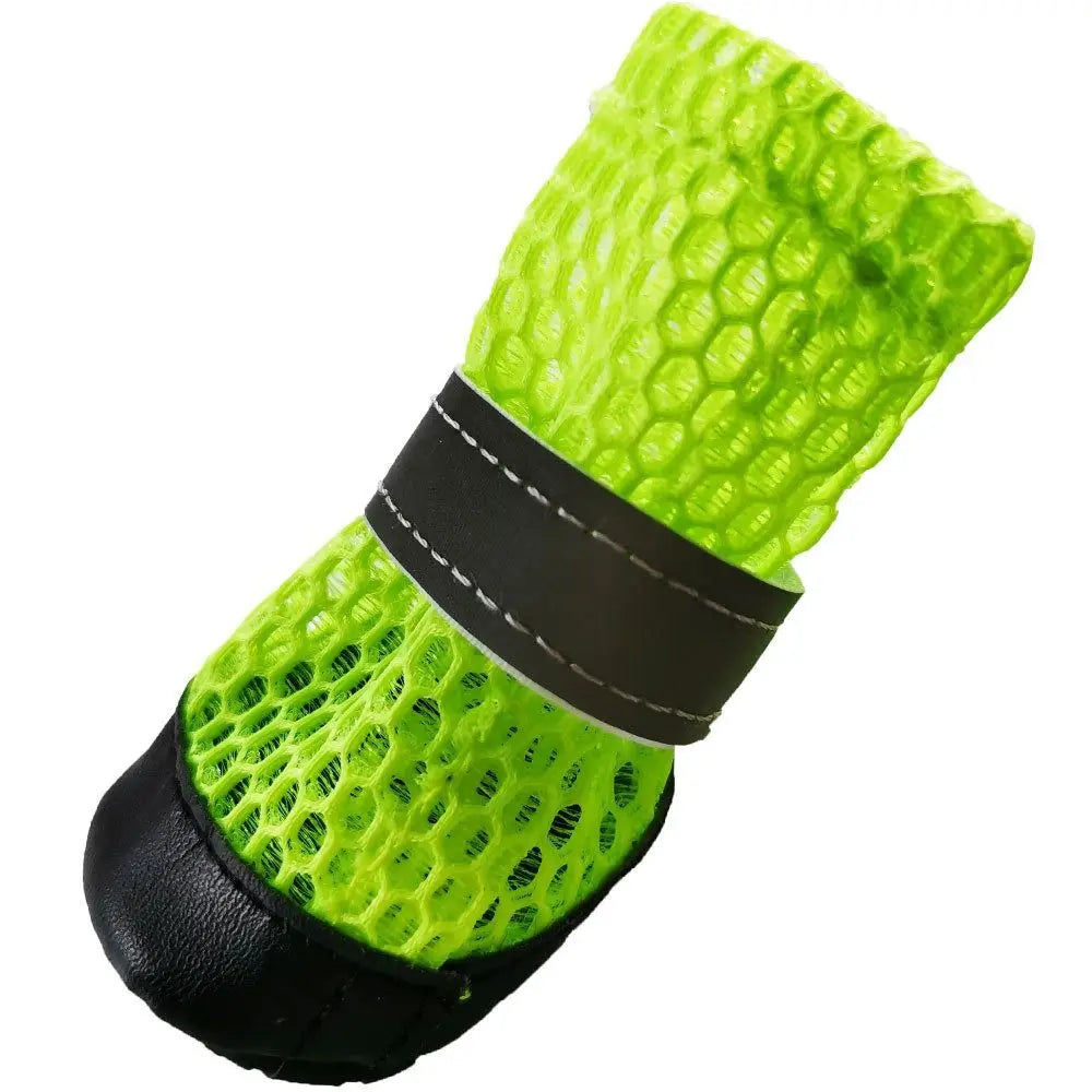 Neon green, breathable mesh dog shoes with reflective straps, anti-slip soles for outdoor paw protection. 4pcs set.