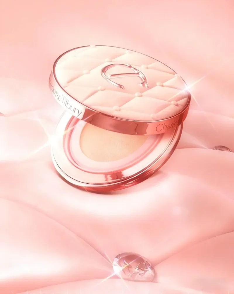 Tidesmit Charlotte Tilbury air cushion foundation texture close-up for flawless coverage and moisturizing makeup