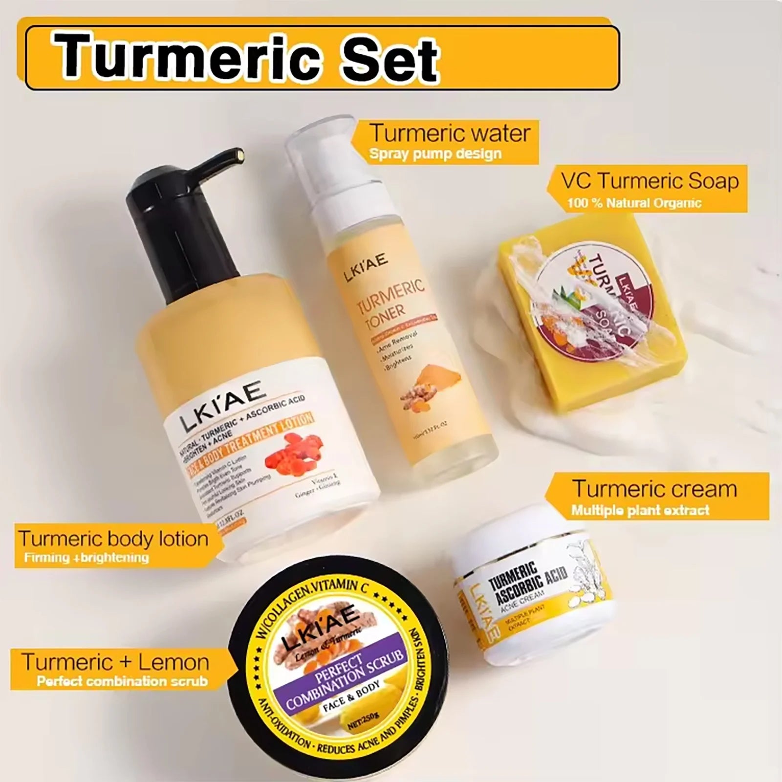 Organic Turmeric Skin Care Kit, Brighten, Clean, Remove Darkness, Spots, Acne, Lighten, Hydration, Exfoliate, Even Skin Tone