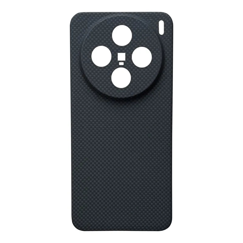 Black carbon fiber phone case with a circular camera cutout, designed for protective back coverage.