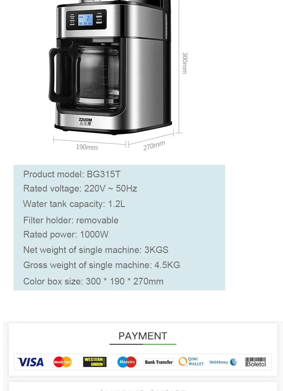 ZZUOM BG315T stainless steel drip coffee maker with 1.2L glass carafe, digital display, and 1000W power.