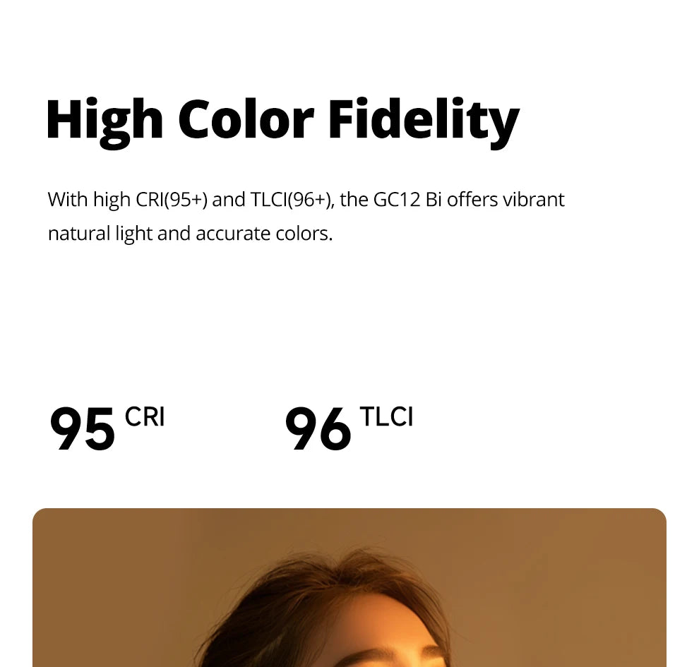 GC12 Bi LED video light showing high color accuracy with 95+ CRI and 96+ TLCI ratings for natural portrait lighting.