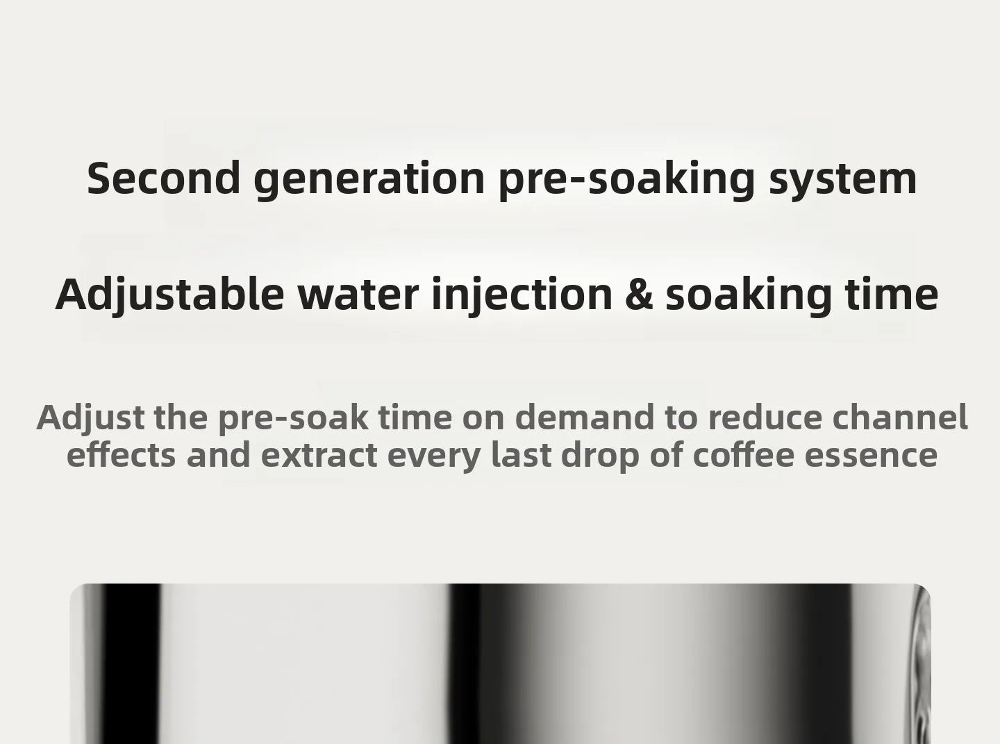 Coffee maker feature graphic showing second-gen pre-soaking system with adjustable water injection and soaking time.