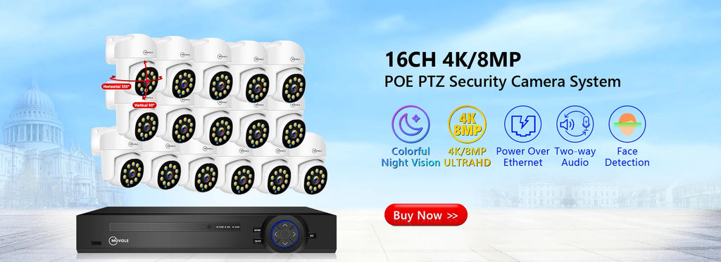Movols 6MP XMEYE POE Surveillance System Dual Lens PTZ Two Way Audio POE Security Camera System 16CH NVR Video Surveillance Kit