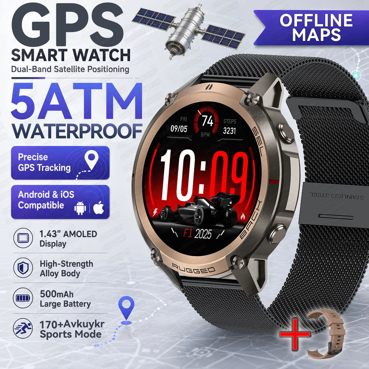 New Outdoor Sport GPS Position Smart Watch Men 1.43'AMOLED 170+Sport Mode 5ATM Waterproof Heart Rate Fitness Tracker Bracelets