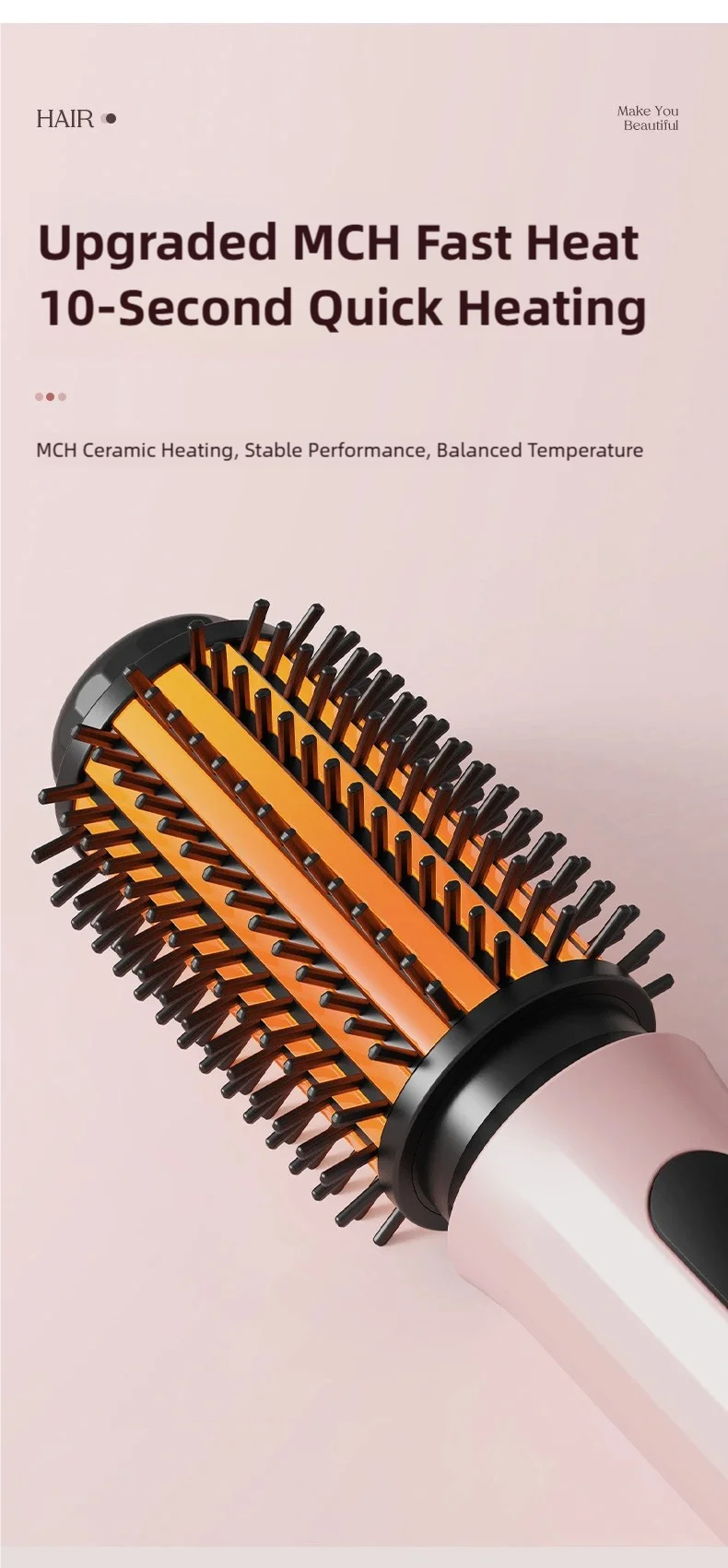 TINSOL pink negative ion hot air brush with fast-heating orange ceramic barrel for professional curling and styling.