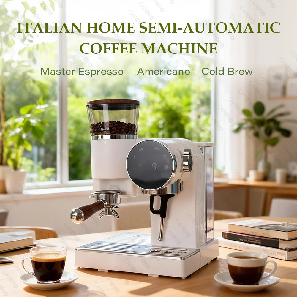 Cafovo white semi-automatic Italian espresso machine with wood-accented portafilter and digital display on table.