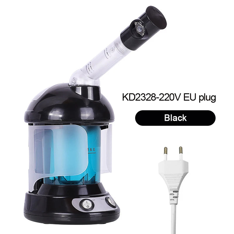 Black nano ionic facial steamer with ozone vaporizer and adjustable nozzle for deep pore cleansing and home spa.