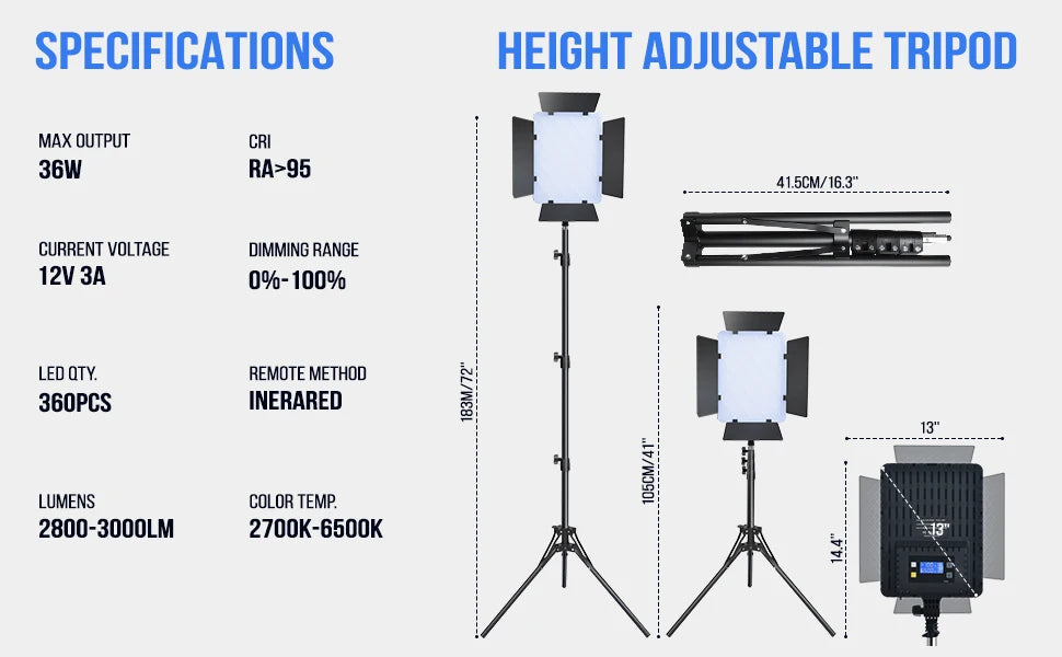 Black LED light panel on an adjustable tripod stand with barn doors, showing dimensions and technical specifications.