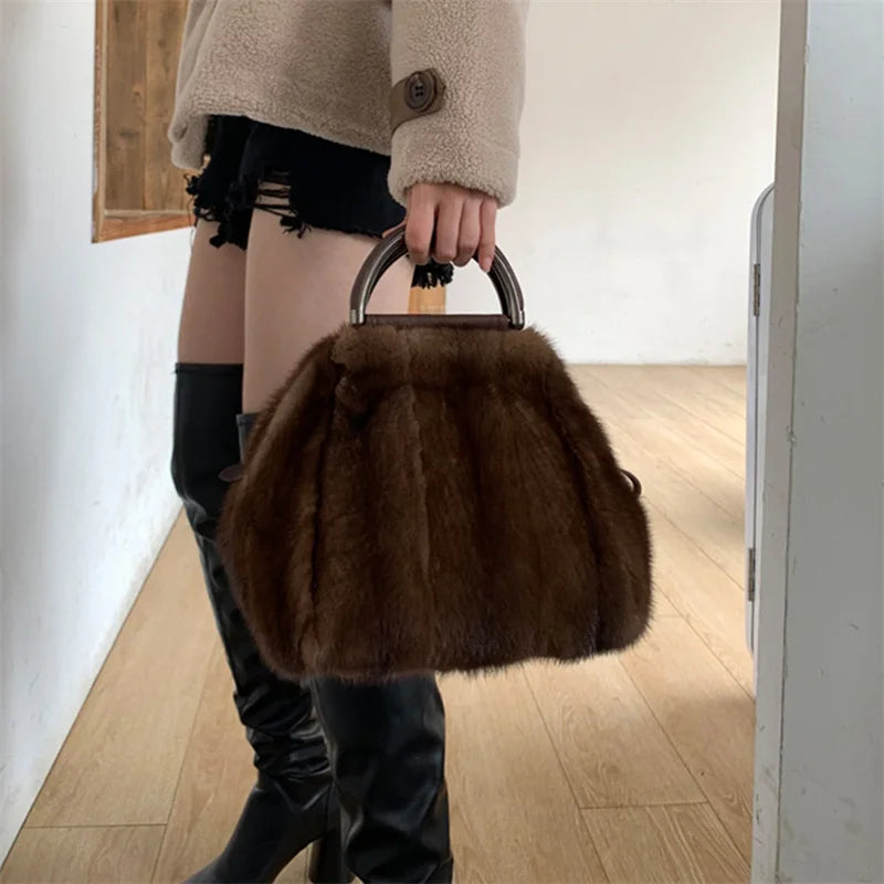 Women's Mink Fur Handbag 2026 New Fashion Designer Fluffy Fur Wrist Bag Large Capacity Soft Shopping Bag Girl Cute Handbag