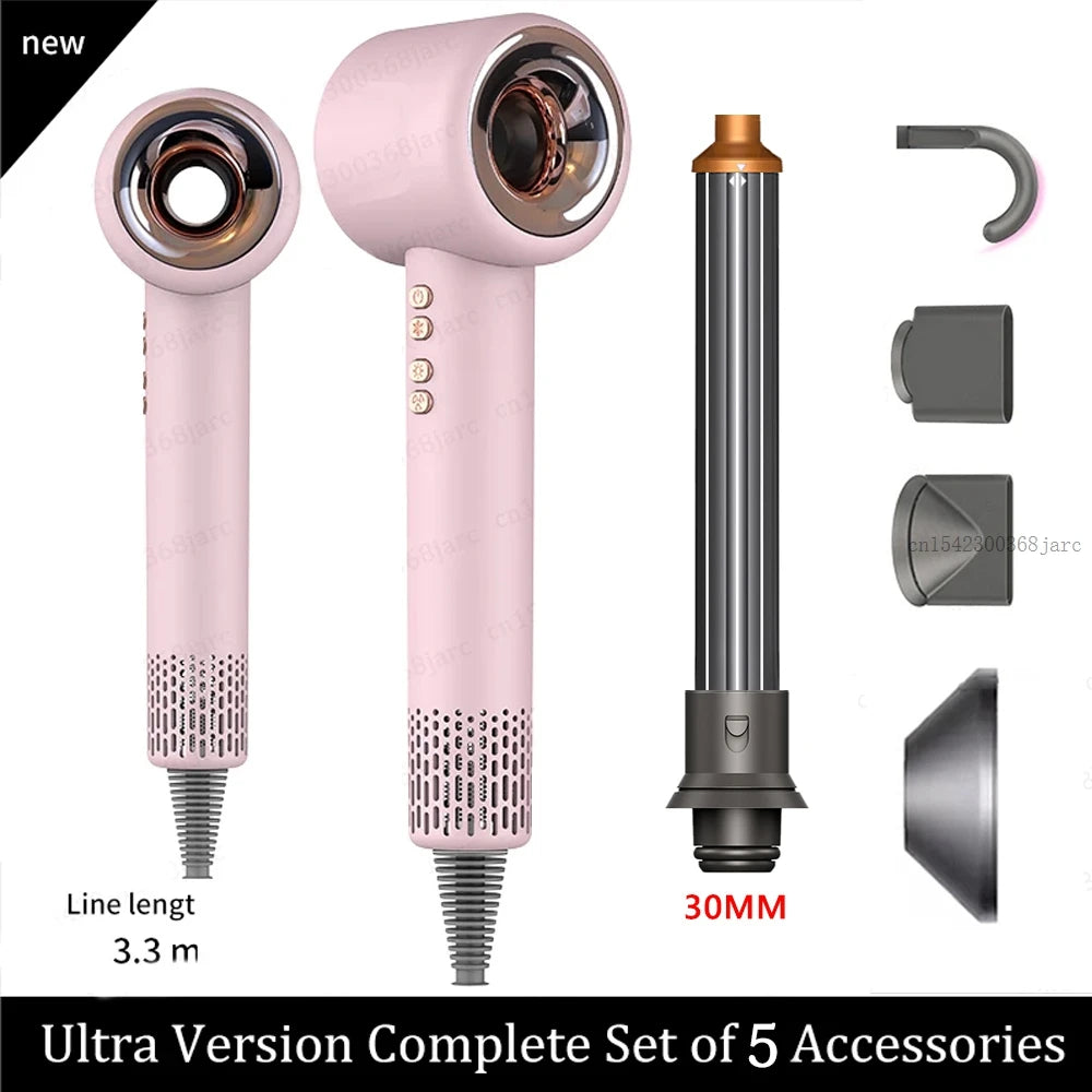 Pink 1600W leafless ionic hair dryer with 5 styling attachments, gold accents, and 3.3m cord for professional hair care.