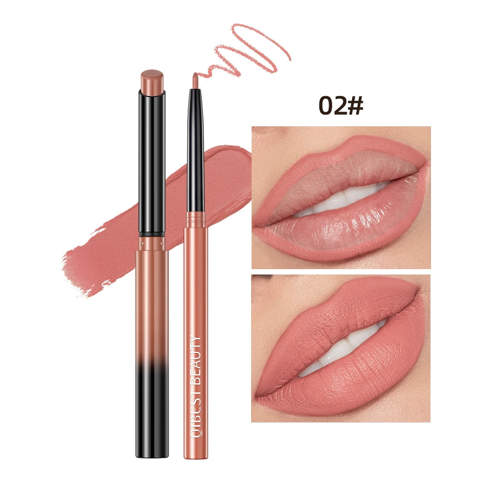 QIBEST 2pc nude matte lipstick and lipliner set in shade 02, featuring waterproof, long-lasting pink-brown lip makeup.