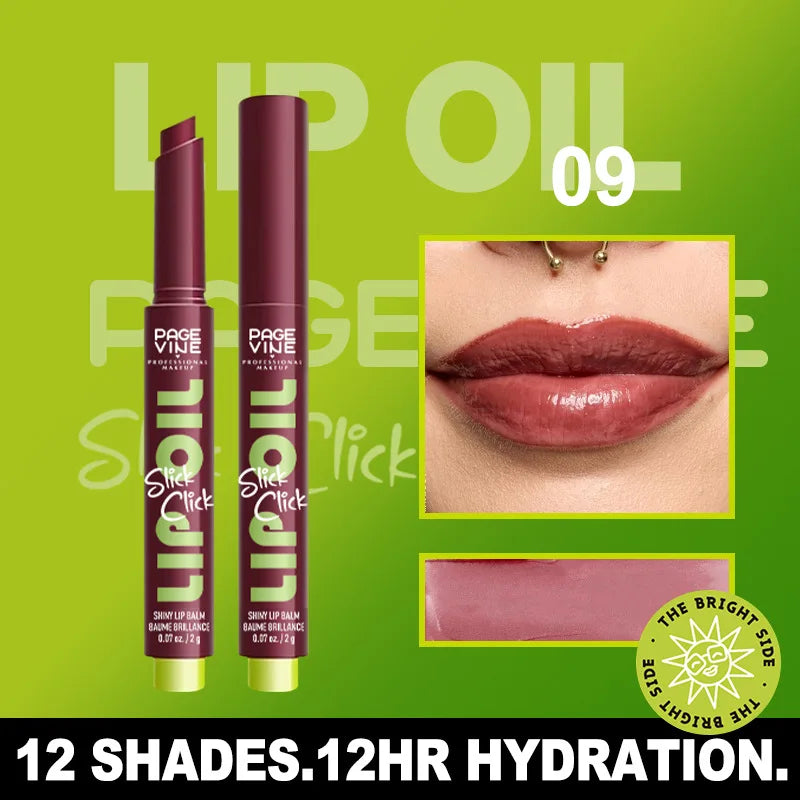 Page Vine click press lip gloss in deep berry shade, offering moisturizing, non-fade, high-shine lip glaze finish.