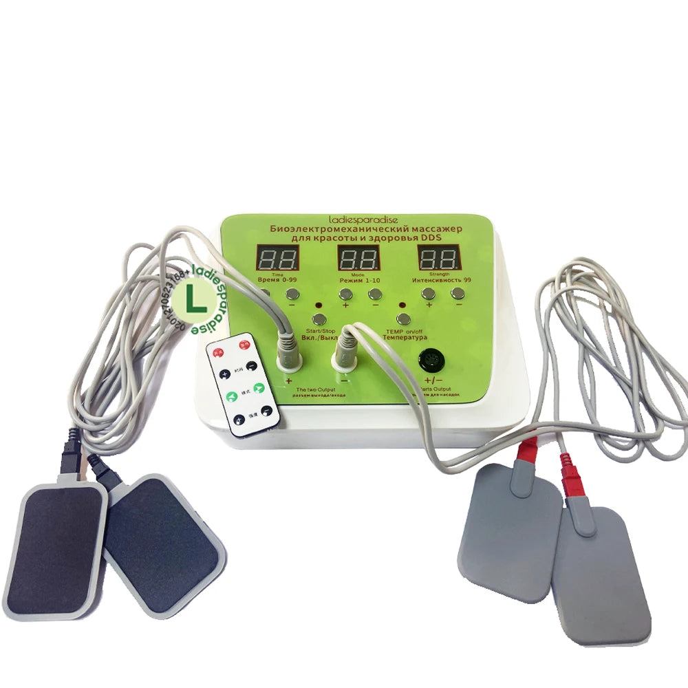 DDS Bioelectric therapy massager device with digital display, remote control, and four electrode pads for pain relief.