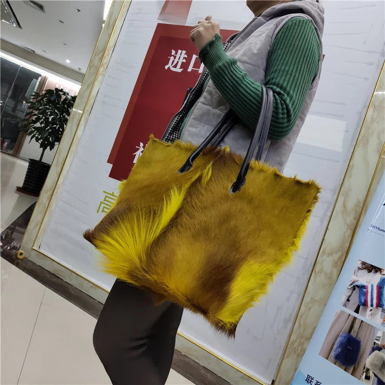 Tote Bag Women's Wool Cashmere Turf Leather Handle Contrast Color Handbag 2025 Luxury Brand High-end Large Capacity Shoulder Bag