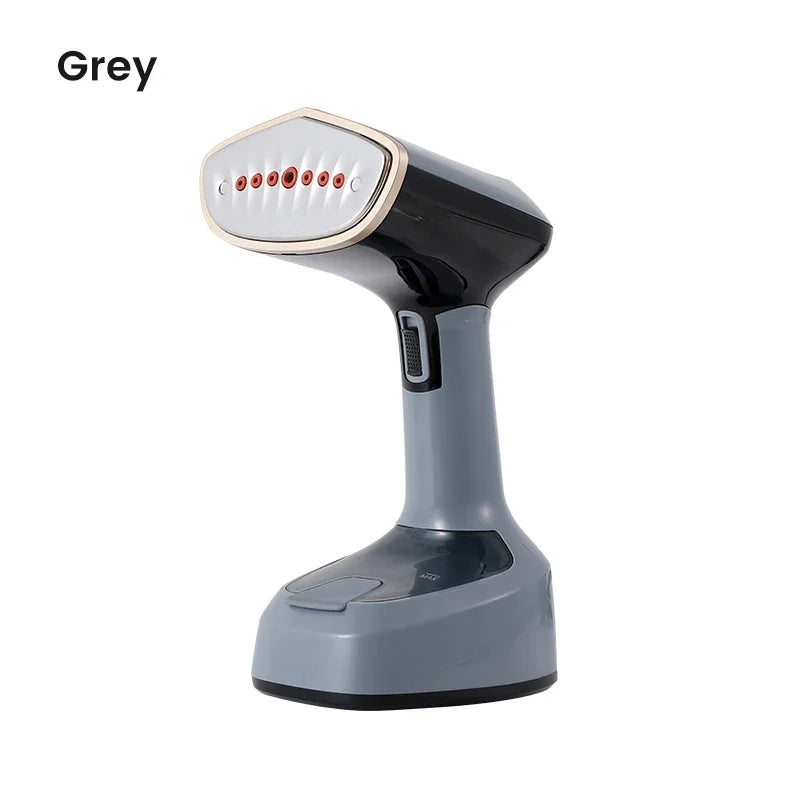 Handheld garment steamer in grey with steam nozzle and side power switch