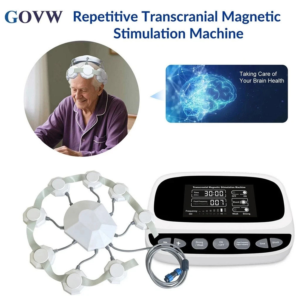 Repetitive transcranial magnetic stimulation machine with white head strap, magnetic nodes, and digital control console.
