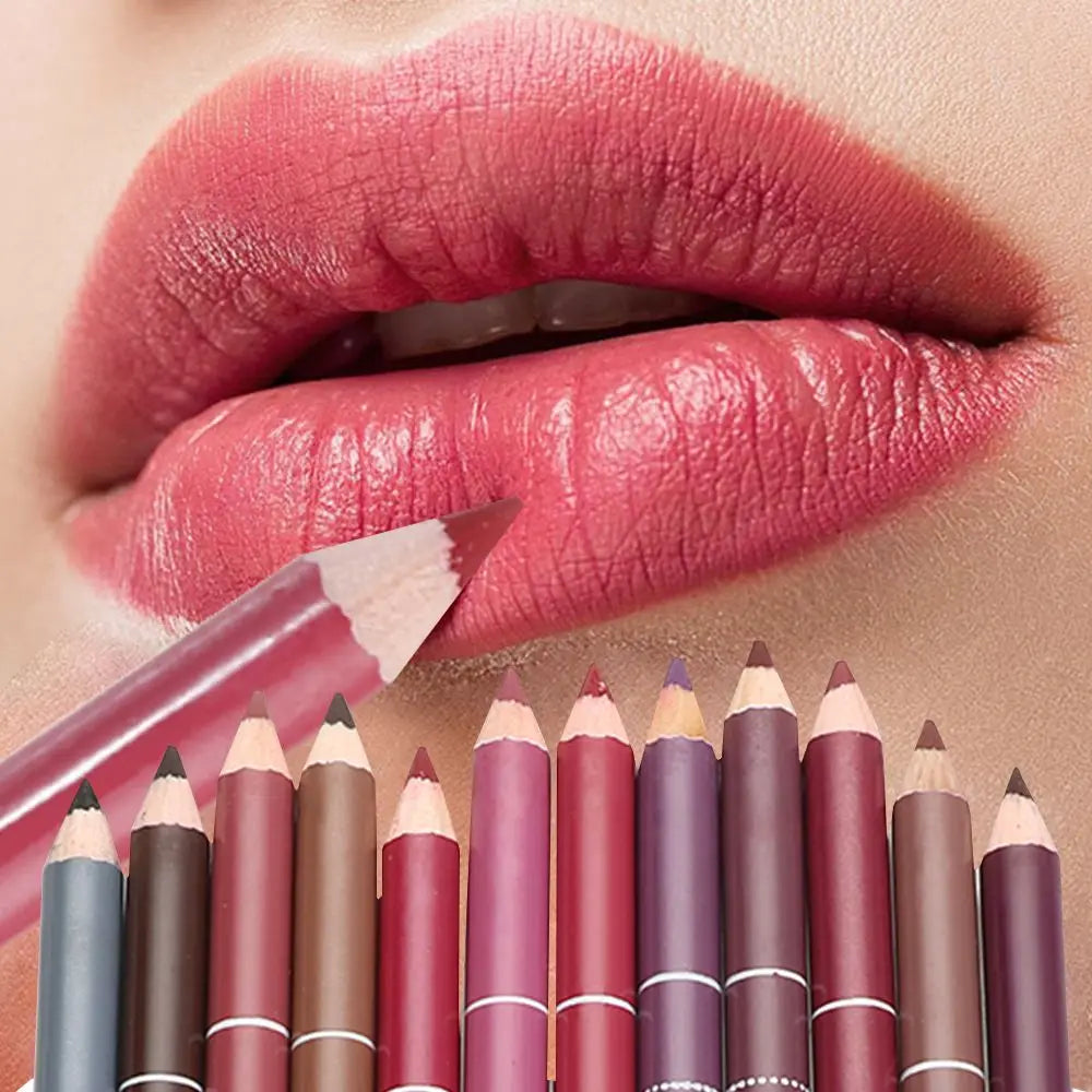 Professional waterproof wood lip liner pencil set with matte finish, showing various shades applied on model lips.