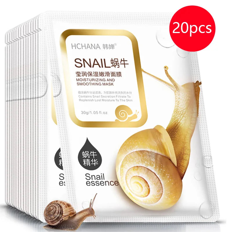 Snail essence moisturizing sheet mask pack, 20-count, with gold-and-snail graphics