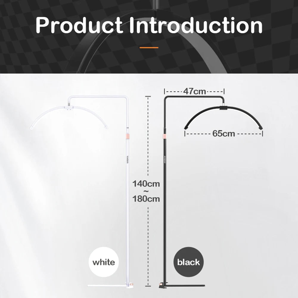 Adjustable half-moon floor lamp with a 65cm curved light head, available in white or black, height 140cm to 180cm.