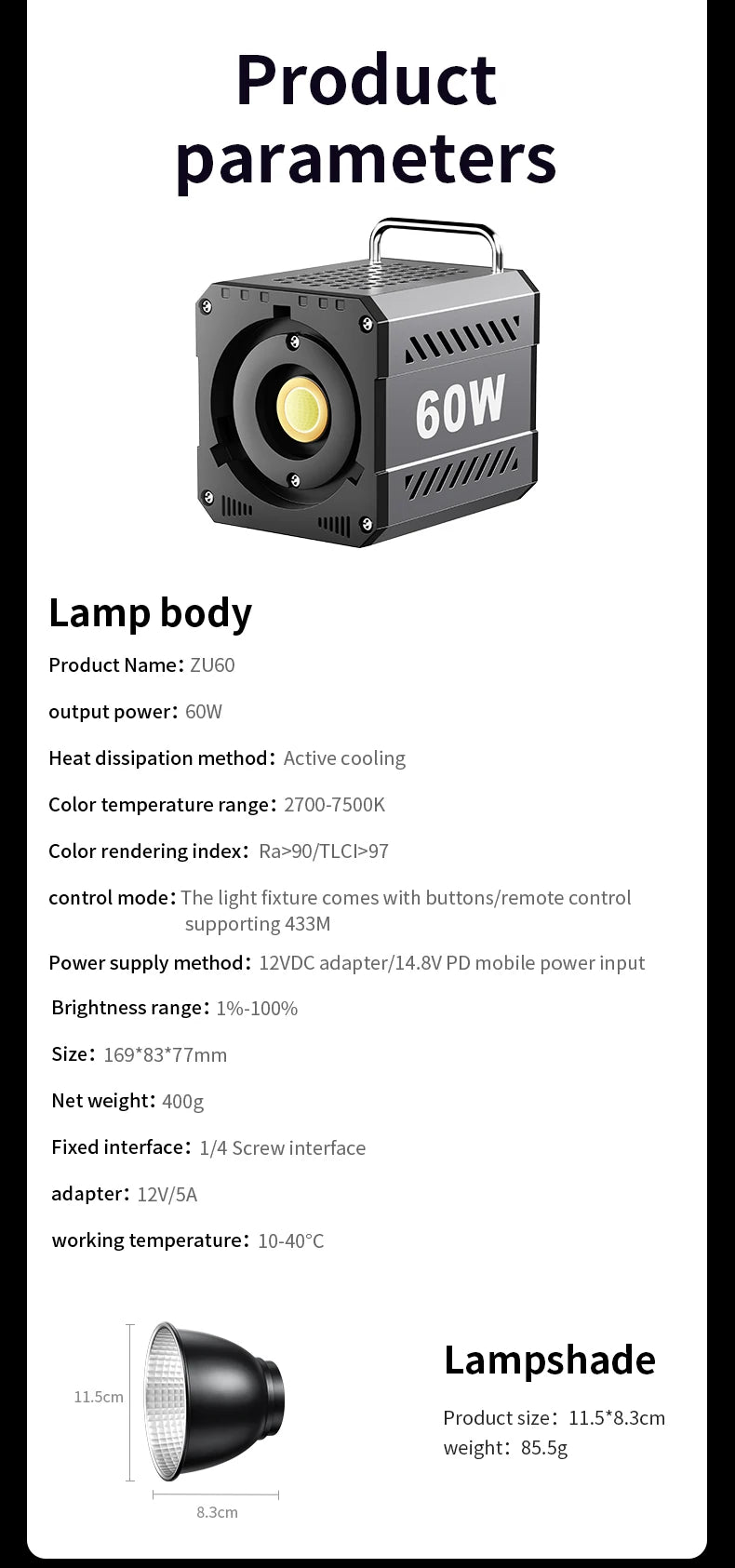 LED Video Light 60W-80W Bi-Color COB Studio Lamp for Content Creation Tidesmit