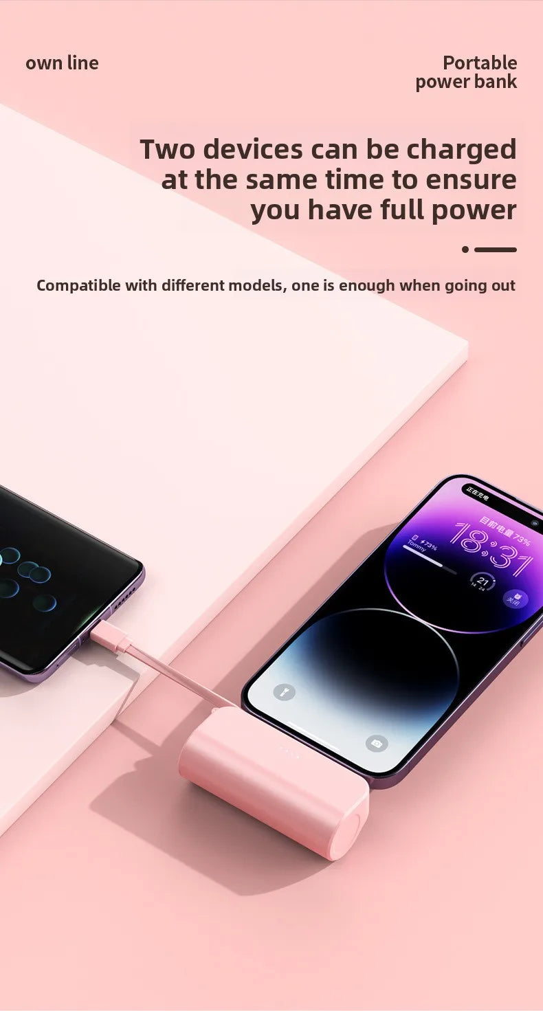 Portable Charger 5000mAh with Built-in Cable - Compact Fast Power Bank Tidesmit