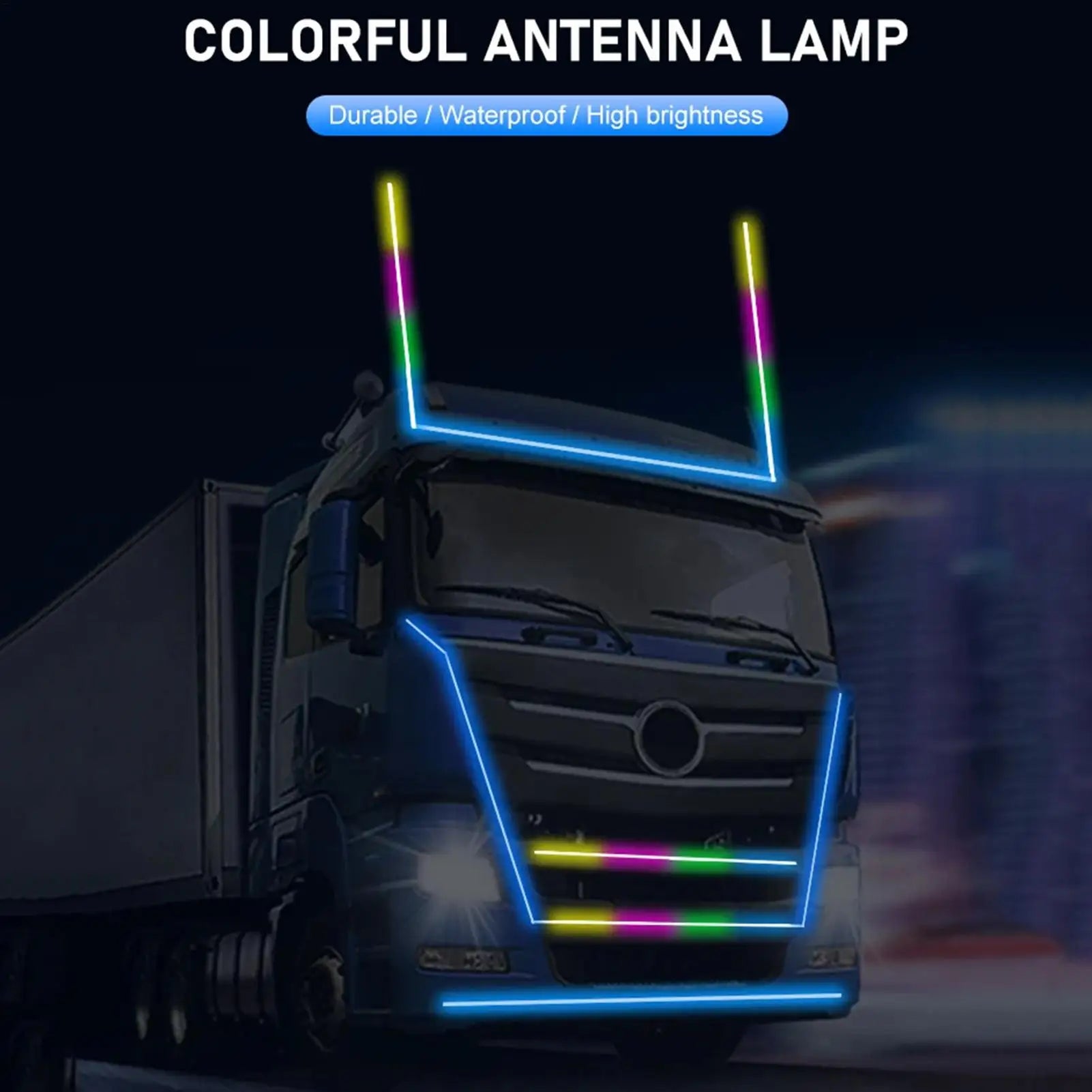 LED antenna lamp strip for trucks, featuring multicolored light segments for exterior decoration and visibility.