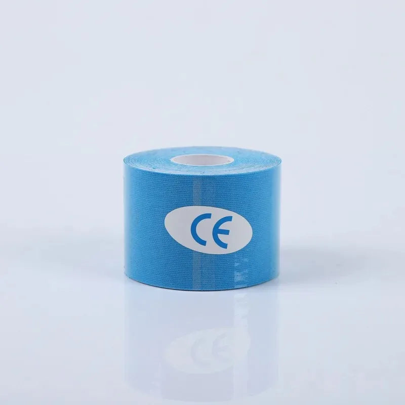 A roll of light blue, cotton face lifting kinesiology tape with a white oval CE sticker on a white background.