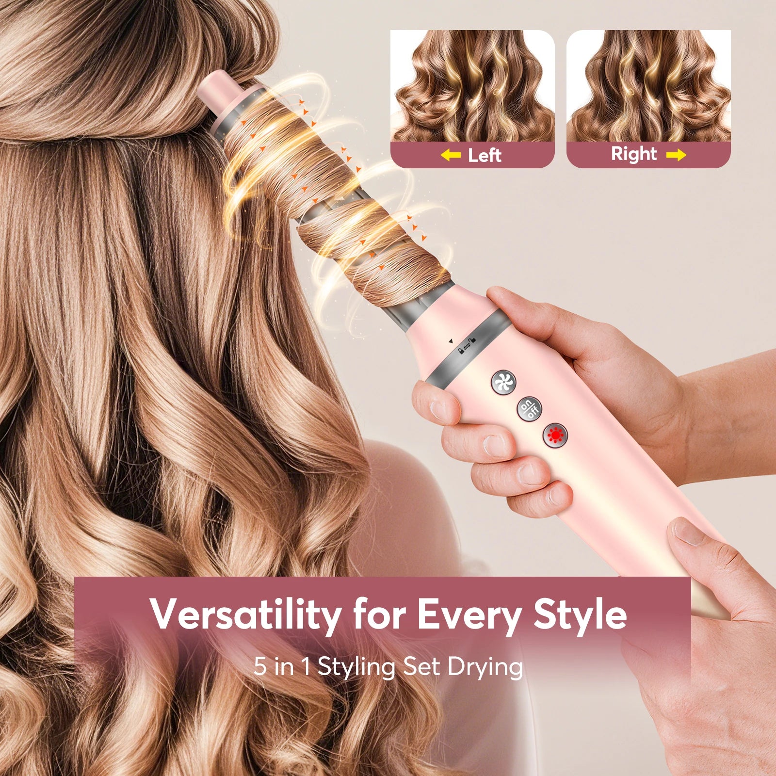 Pink 5-in-1 auto-wrap hair styler creating voluminous curls with air-flow technology for frizz-free professional styling.