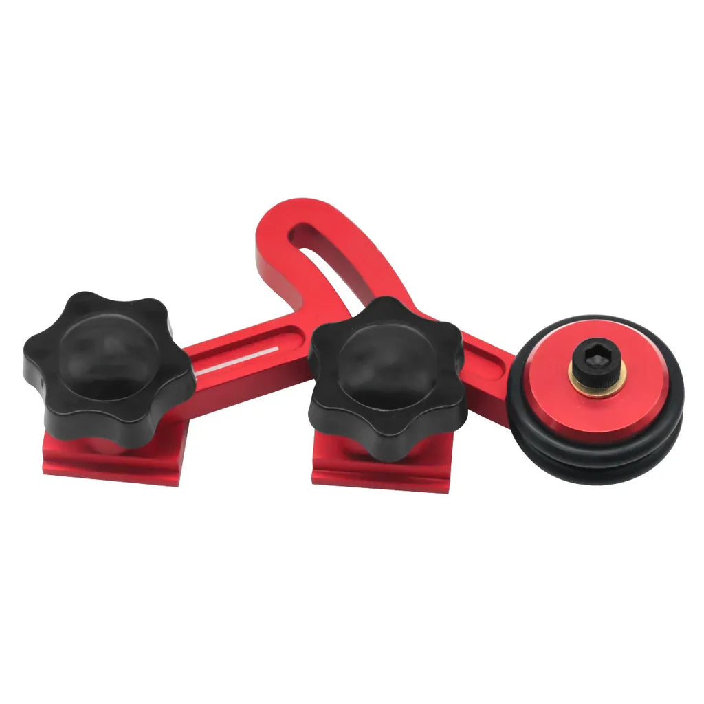 Woodworking stock guide set with red frame, three black knobs, and red roller bearing