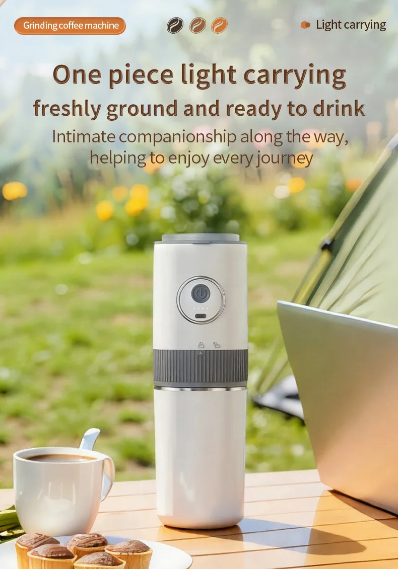 Portable white electric coffee grinder and maker for camping, featuring a sleek, travel-friendly cylindrical design.
