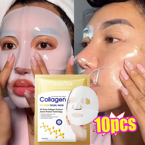 Collagen facial mask sheet on face, with a white mask pouch shown below