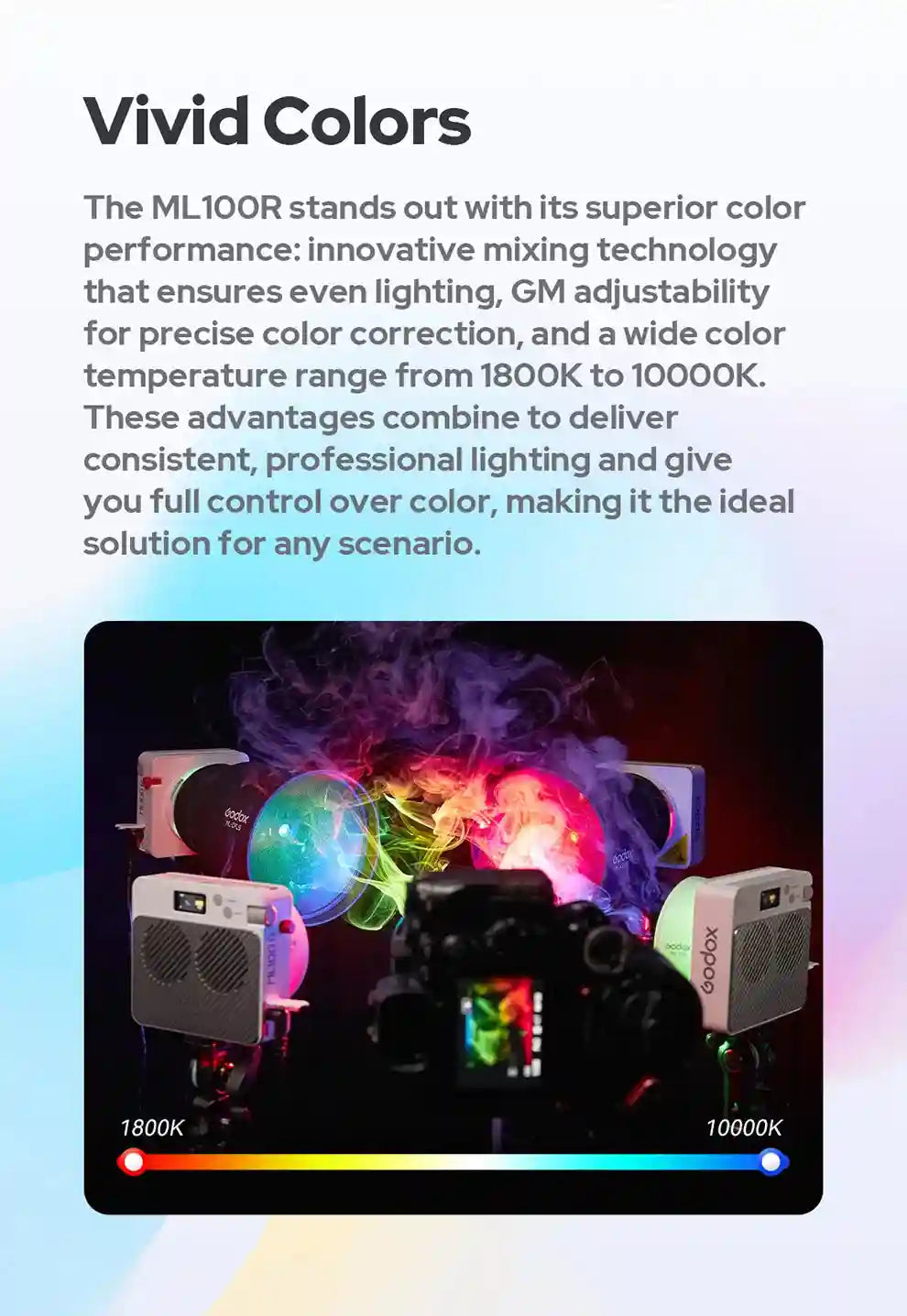 ML100R rectangular RGB LED lights with circular lenses, shown emitting vibrant multicolored light on smoke for