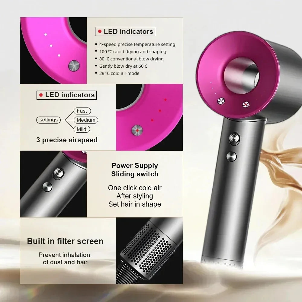 Portable bladeless negative ion hair dryer in pink and silver with LED temp controls and quick-dry high-speed motor.