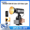 MS150B 130W bi-color LED video light with reflector, handheld battery grip, and smartphone control interface.