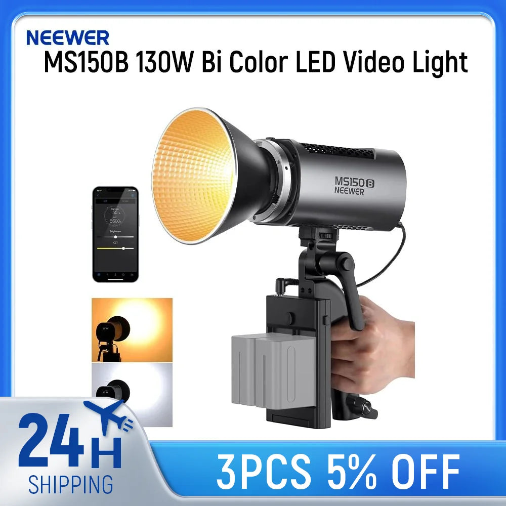 MS150B 130W bi-color LED video light with reflector, handheld battery grip, and smartphone control interface.