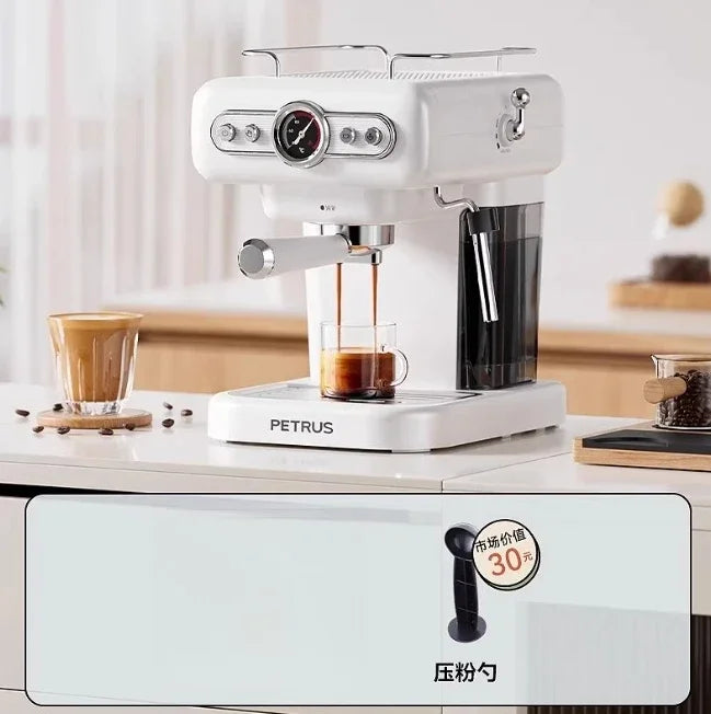 Petrus white espresso machine with pressure gauge, steam wand, and portafilter brewing fresh coffee on countertop.
