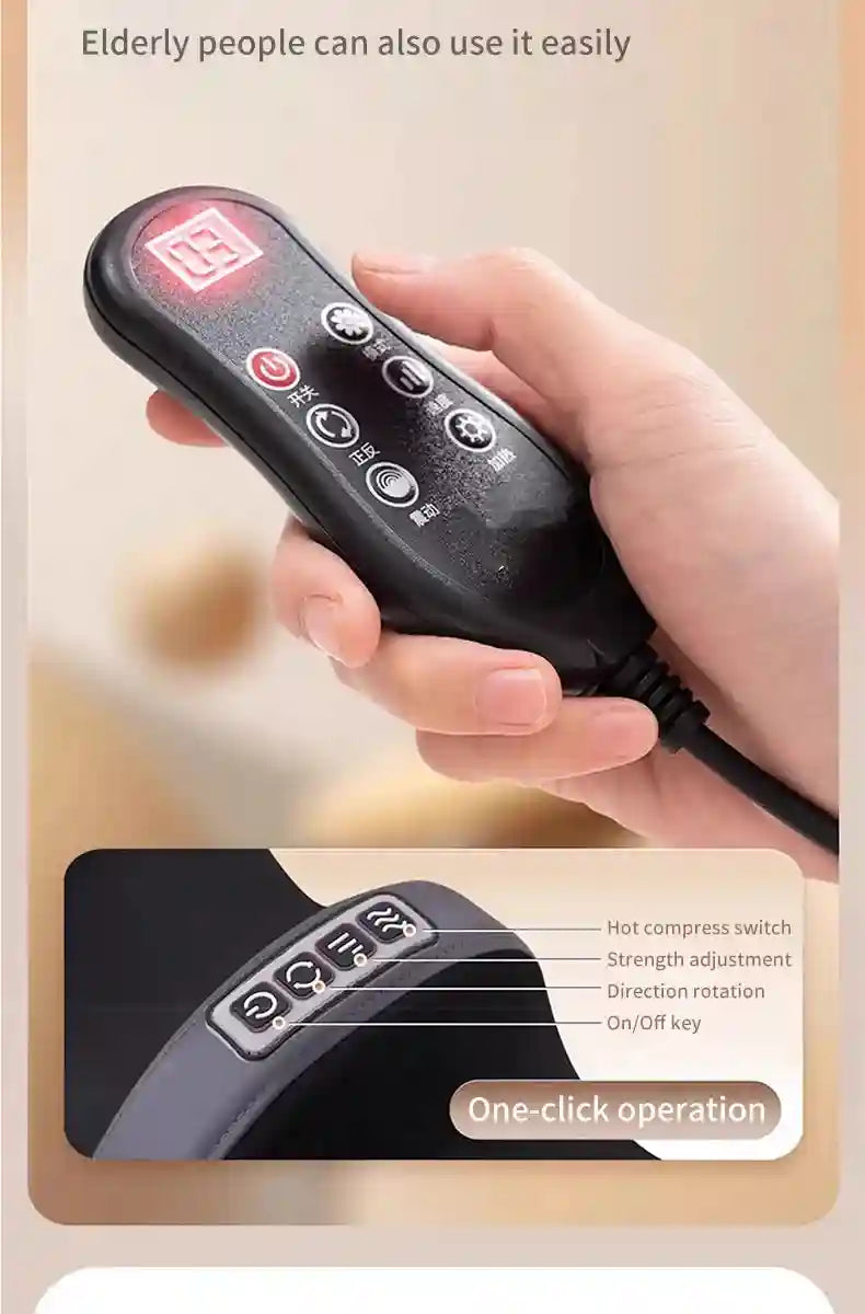 Hand holding a black remote control for a massager with a digital display and labeled buttons for various functions.