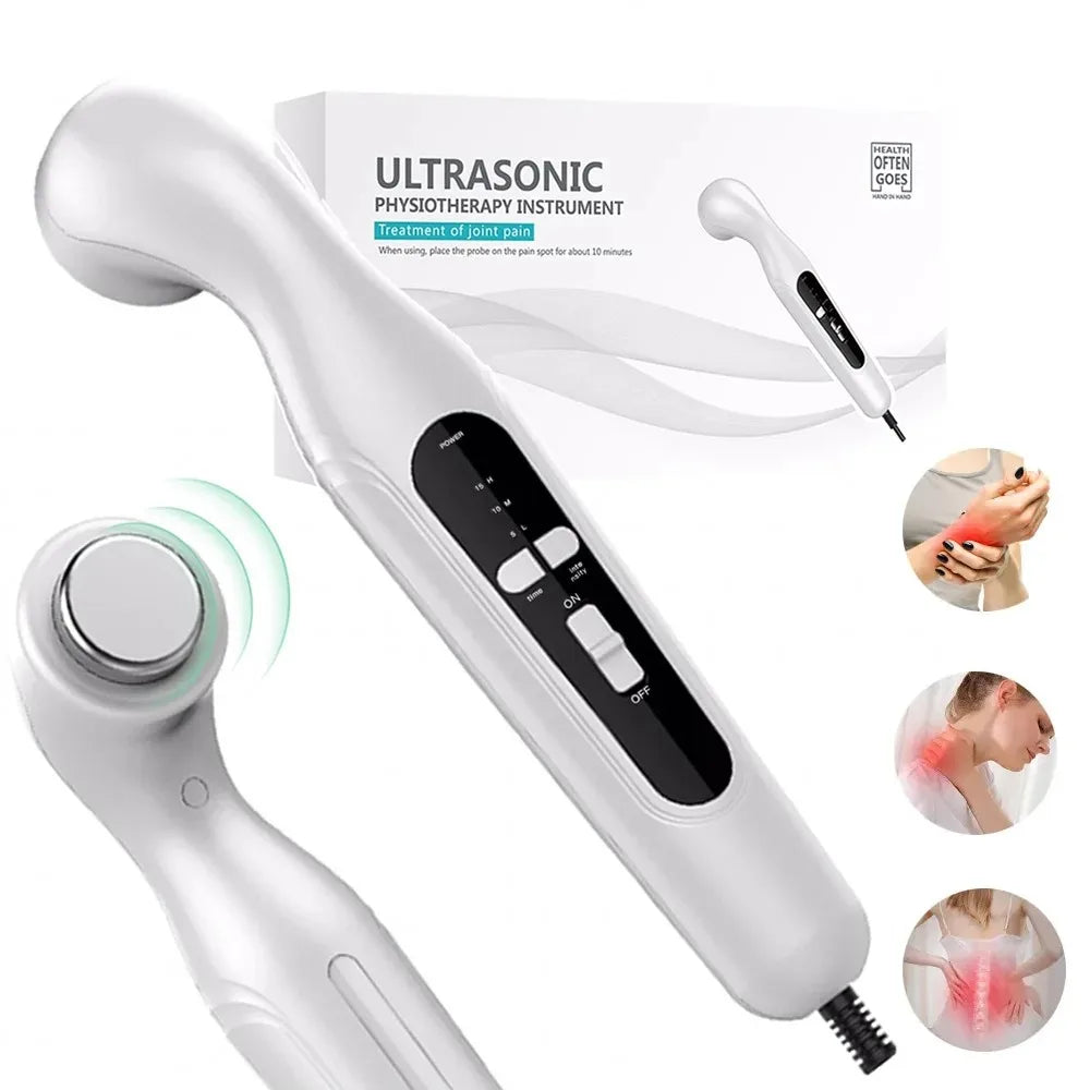 White handheld ultrasonic physiotherapy device for joint pain relief, muscle massage, and physical therapy at home.