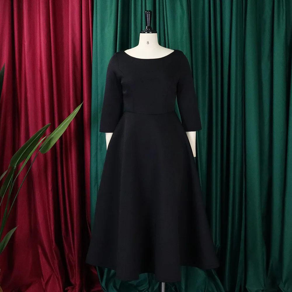 Elegant Pure Color Maxi Dress Evening Gown A- Line Skirt Polyester Fabric round Neck Short Sleeve High Waist Midi Dress