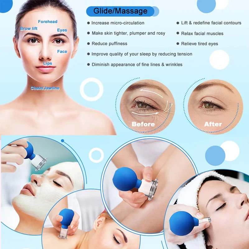 Blue rubber and glass facial cupping massage tools shown in use on a woman's face to reduce wrinkles and puffiness.