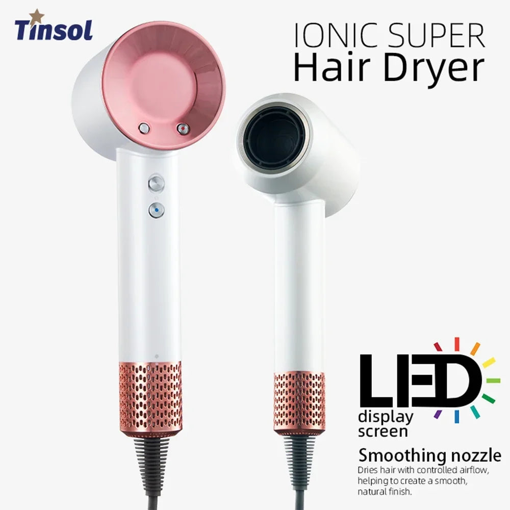 High-speed ionic hair dryer with pink/white design, LED display, and smoothing nozzle for professional hair styling.