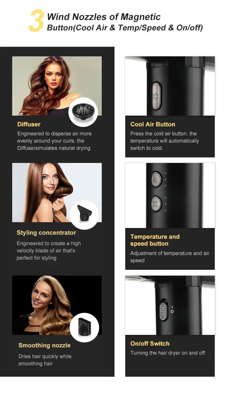 VGR V-427 leafless hair dryer with magnetic diffuser, concentrator, and smoothing nozzles for professional styling.