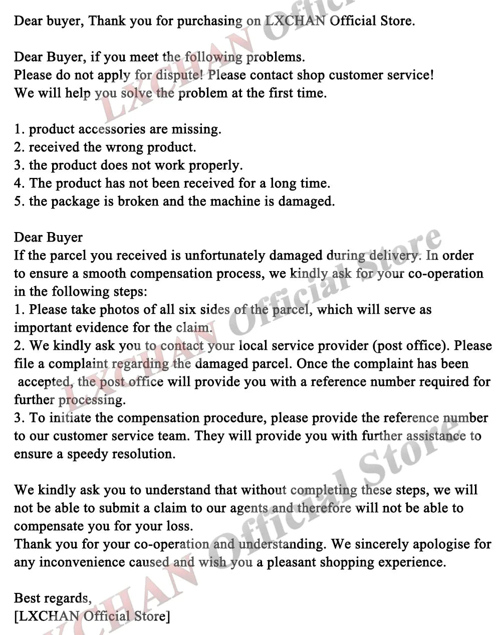 LXCHAN Official Store customer service notice for product issues, damage claims, and support instructions.