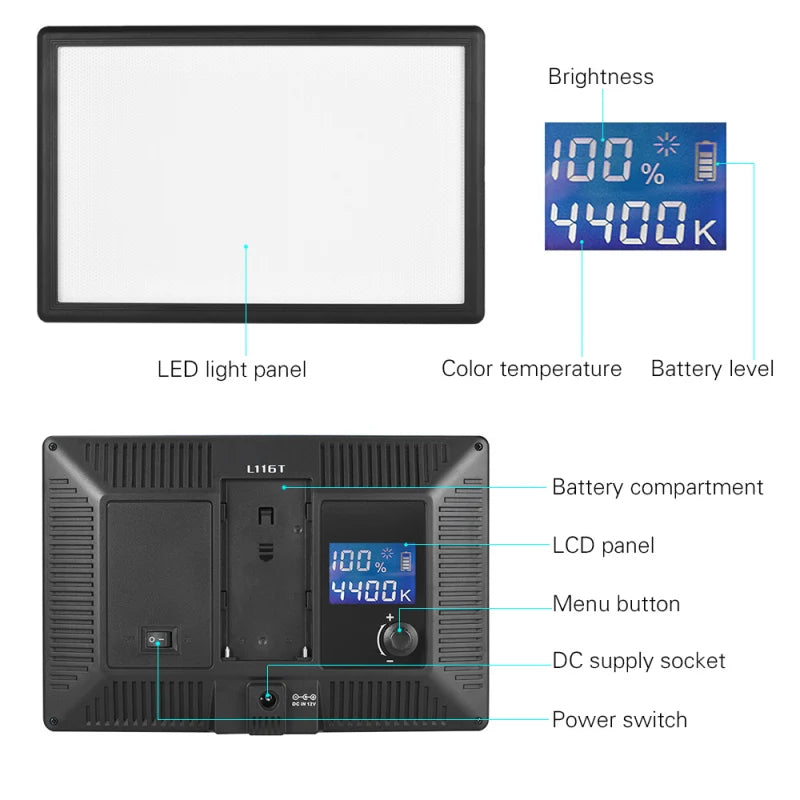 Rectangular black LED light panel with rear LCD, battery compartment, power switch, and brightness/color controls.